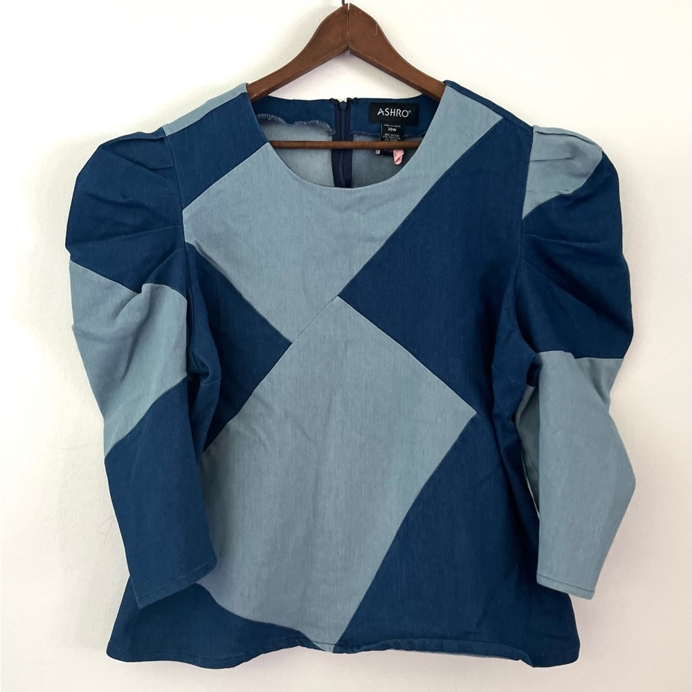 Ashro Denim Puff Sleeve Fitted Women's Blue Patchwork Top Size 20